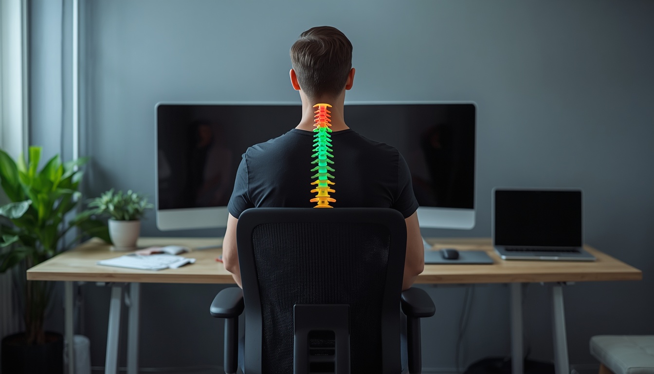 Wellness session focusing on seated spinal alignment at an ergonomic workstation