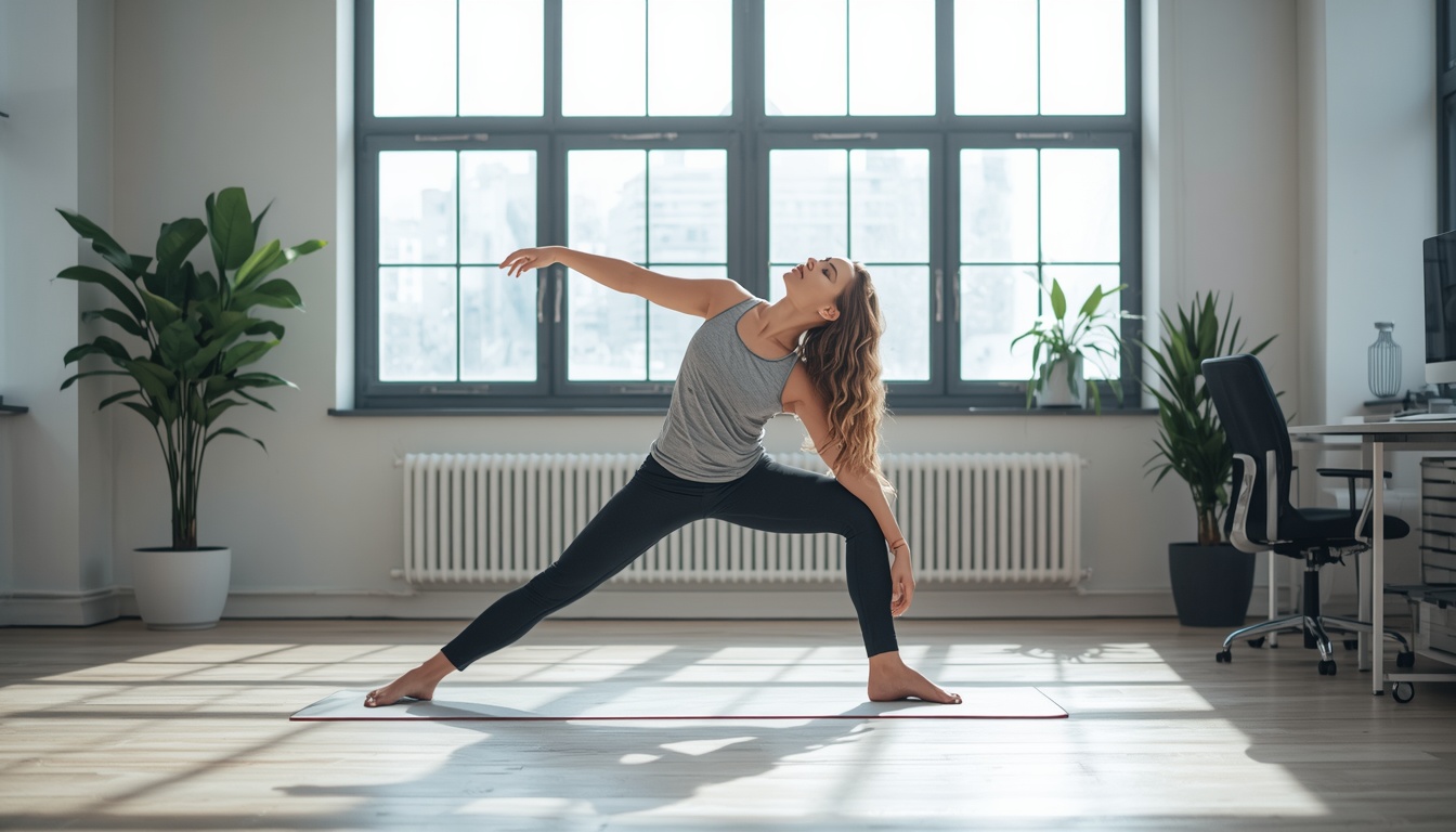 Person performing a standing stretch during a work break in a bright room