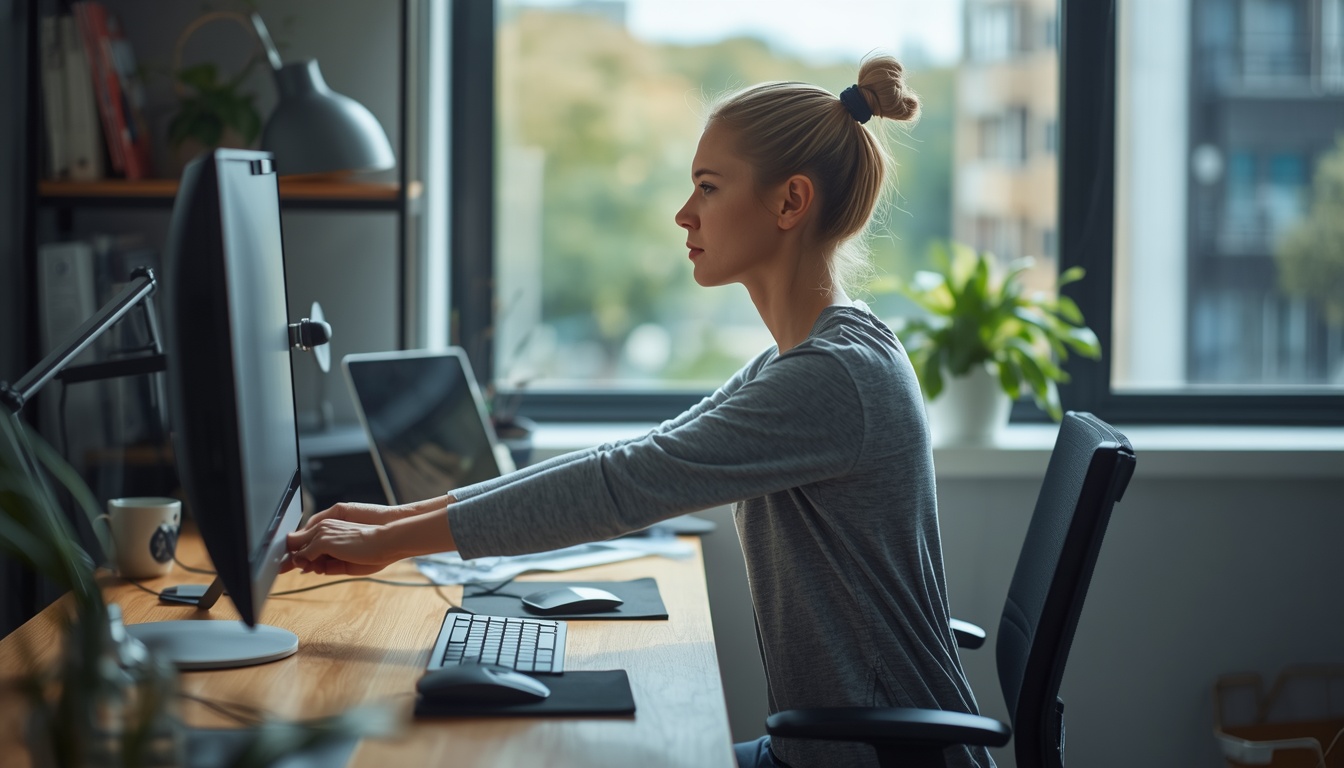 Morning desk stretch routine for posture at workstation